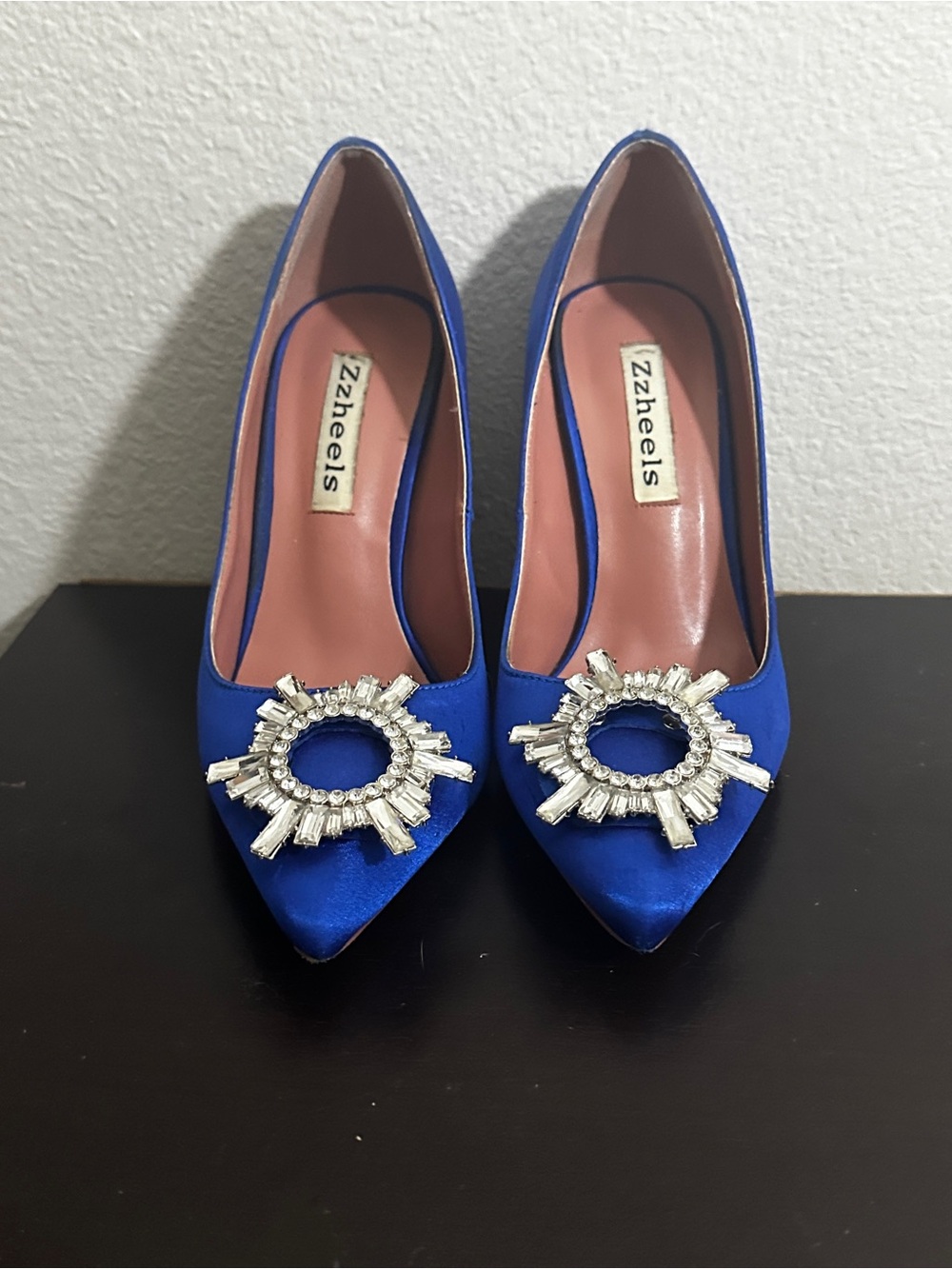 Royal Blue Satin Pointed Toe Heels with Crystal Brooch